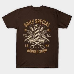 Daily Special Retro Barbershop Pole L.A. N.Y. Cut And Shave Scissors And Razors T-Shirt